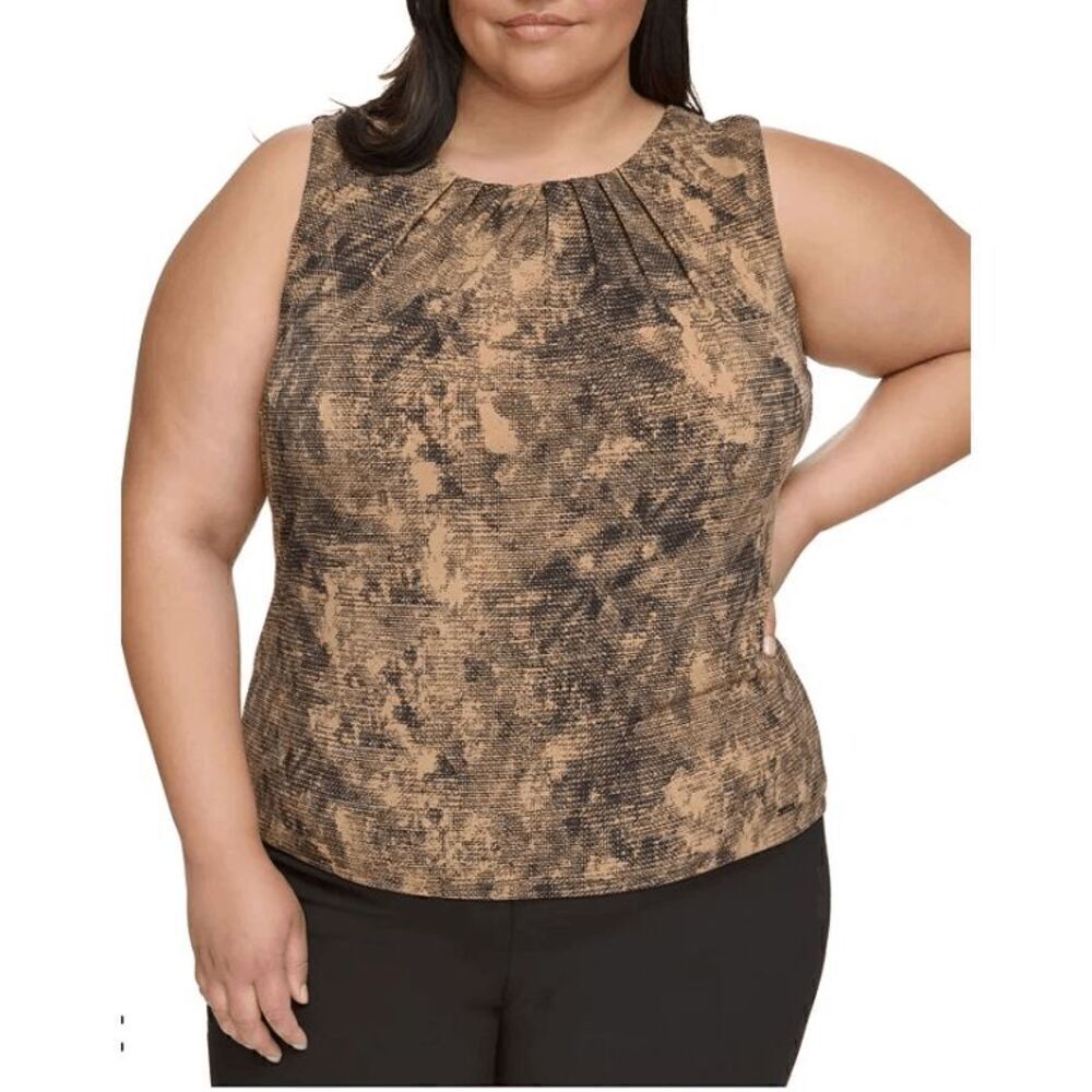 Calvin Klein Women's Plus Size Sleeveless Printed Pleated-Neck Top 3X